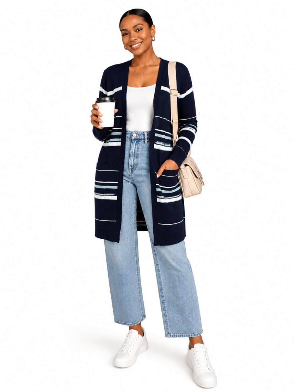Halogen Linen Blend Longline Cardigan Blue Stripe Open Front L NWT